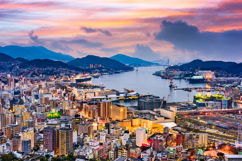 skyline of Nagasaki, Japan at dusk